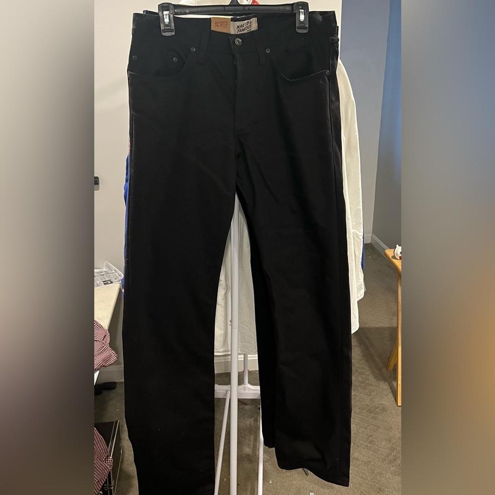 Naked & Famous Double Black Japanese Selvedge Denim in a "Weird Guy" fit.